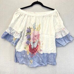 Hester & Orchard Floral Off Shoulder Top Small S Colorful Linen Blend Butterfly